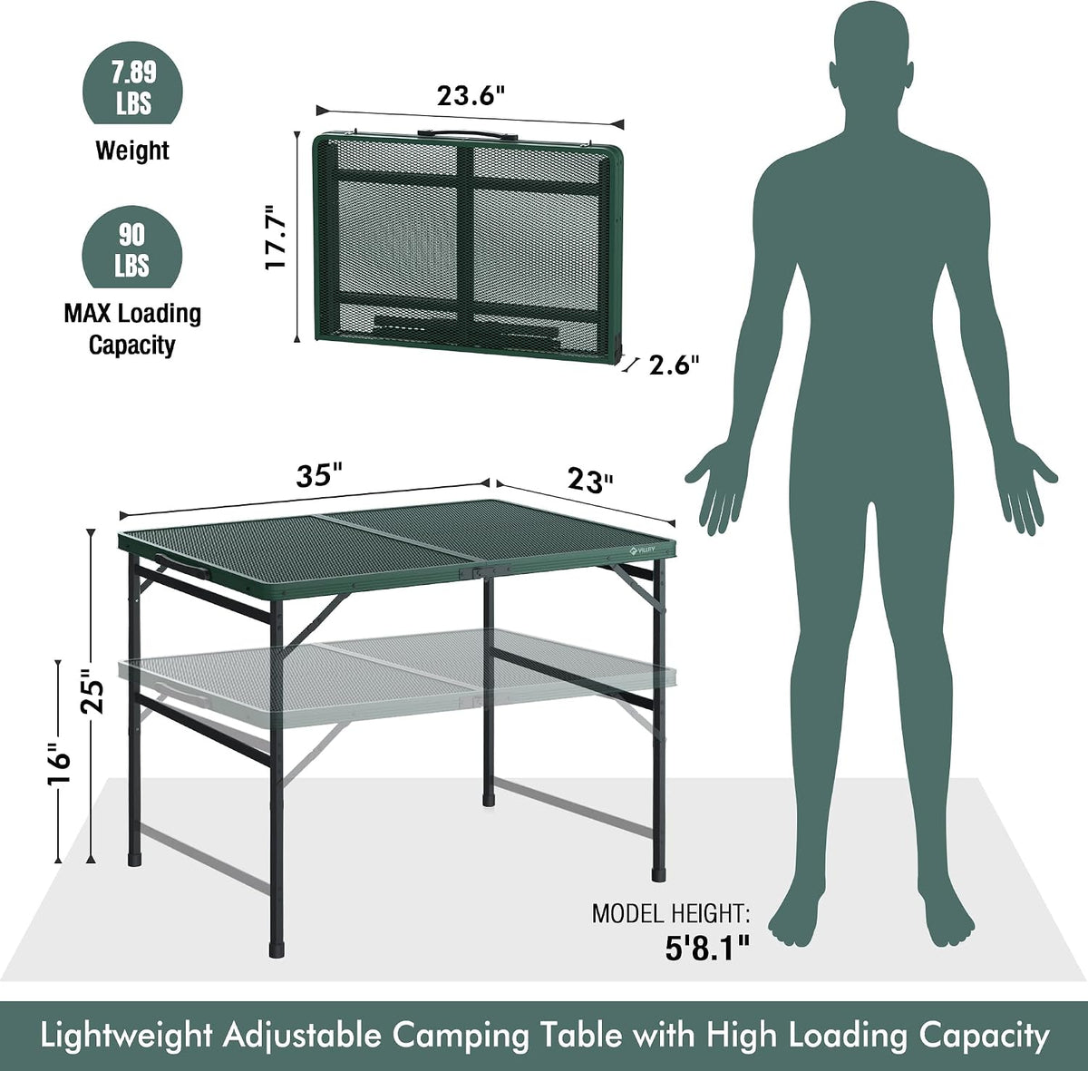 VILLEY 3ft Folding Camping Table, Aluminum Grill Table with Adjustable Legs