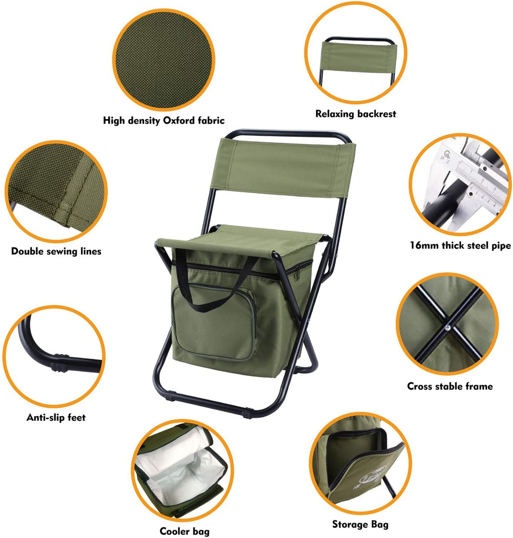 LEADALLWAY Fishing Chair with Cooler Bag Compact Fishing Stool Foldable Small Hunting Chair 12.2" Seat Depth,12.6" Seat Width