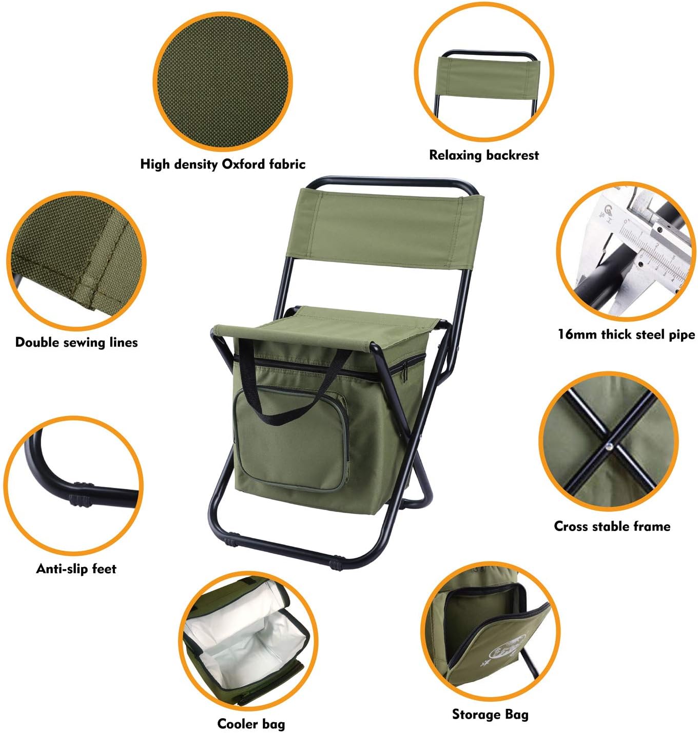 LEADALLWAY Fishing Chair with Cooler Bag Compact Fishing Stool Foldable Small Hunting Chair 12.2" Seat Depth,12.6" Seat Width