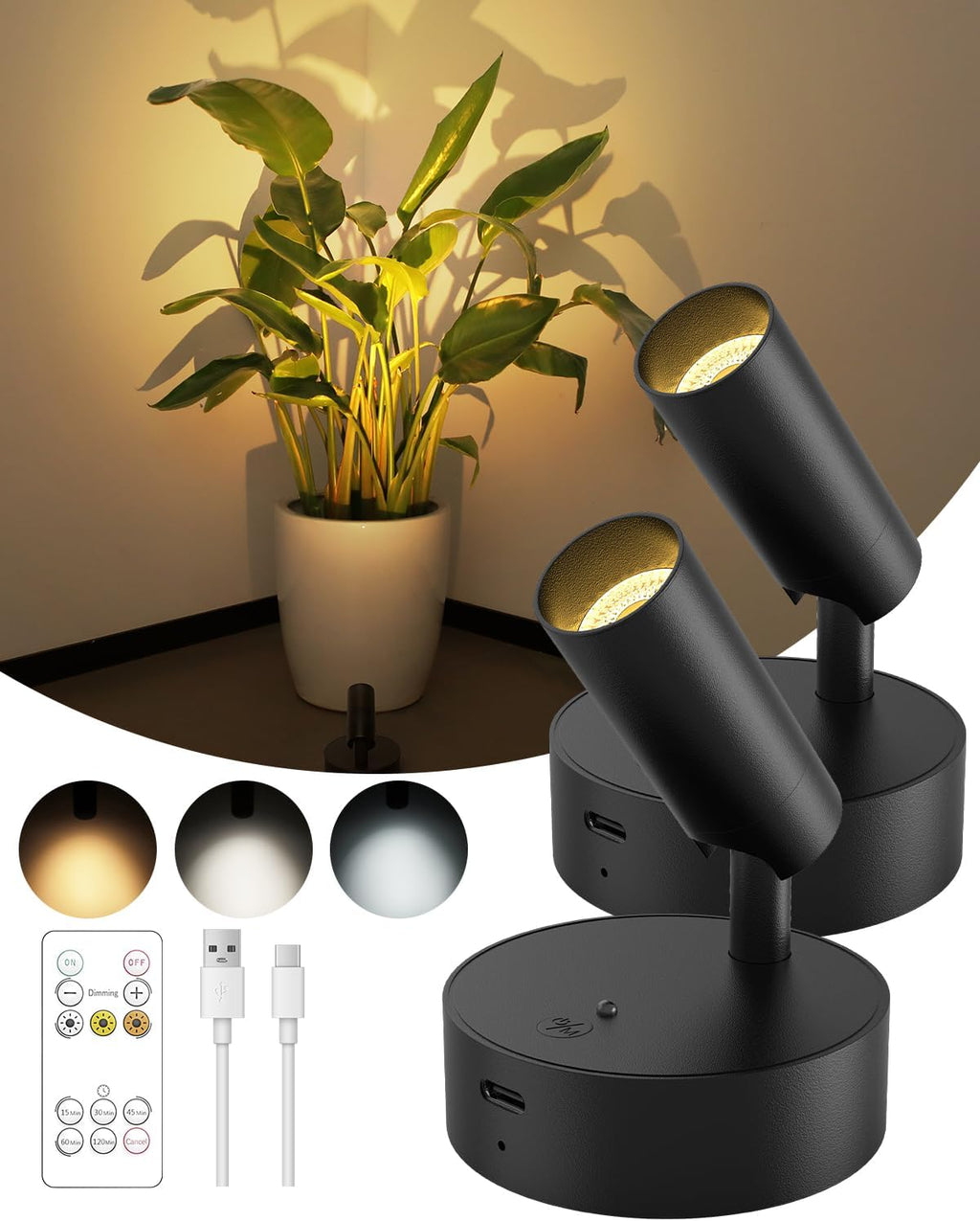 Spotlights Indoor with Remote, 3000Mah Rechargeable Wireless Plant Light