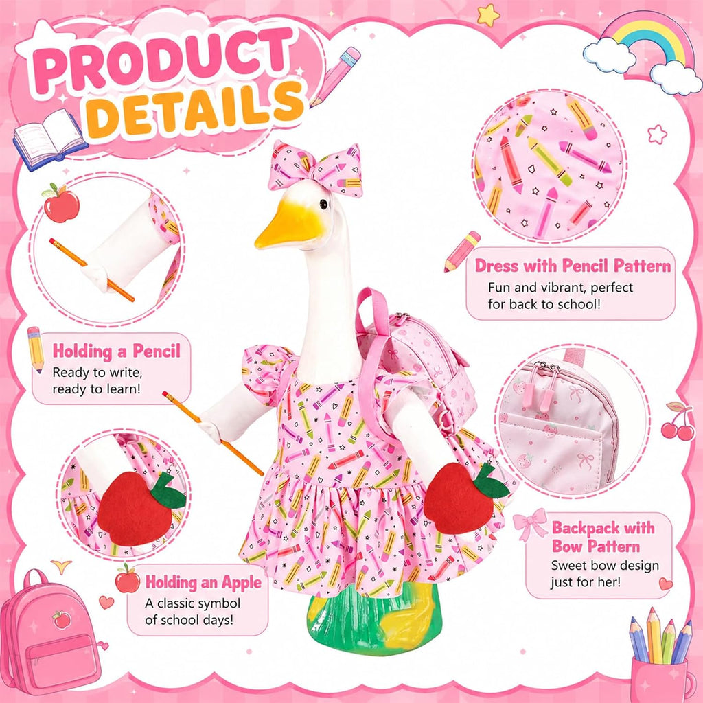 Back to School Porch Goose Outfit Set for 23'' Plastic Statue, Lawn Porch Goose Clothes with Apple for School Outdoor Garden Yard Patio Decor(Back to School)