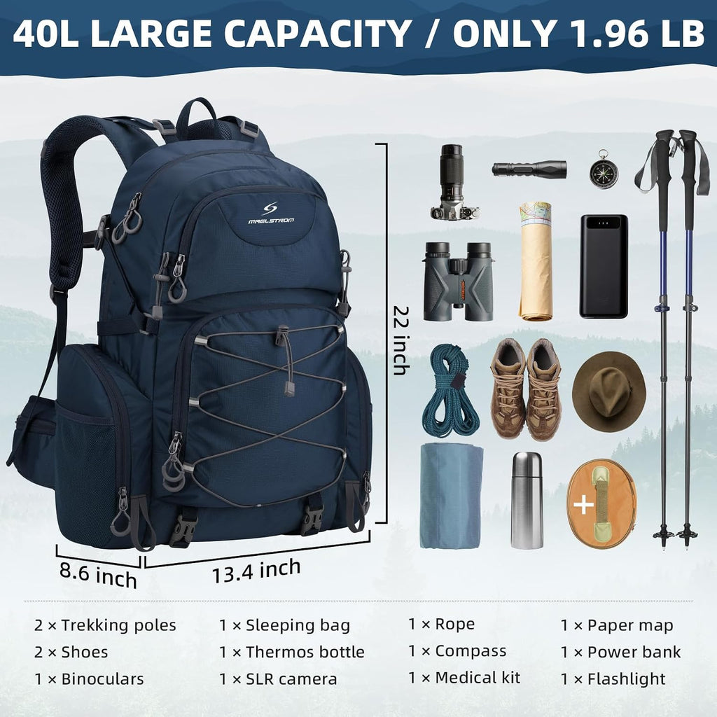 Maelstrom 40L Waterproof Hiking Backpack, Lightweight Travel Daypack | Rain Cover,Hydration-Ready, Tripod Straps, Load Compression, Survival Whistle, Perfect For Men, Women,Camping,Travel
