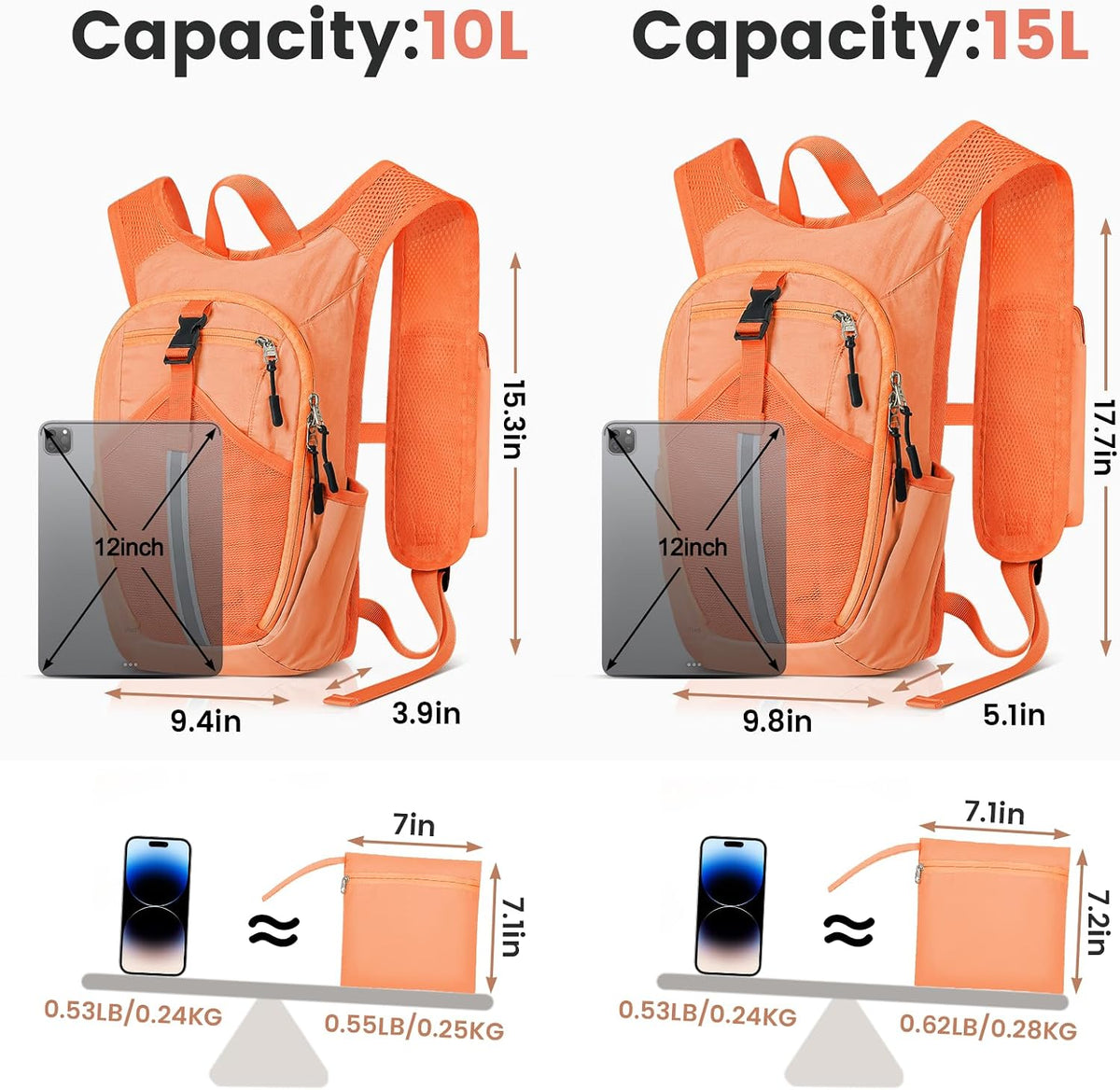 10L Small Hiking Backpack - Lightweight Foldable Backpack, Orange