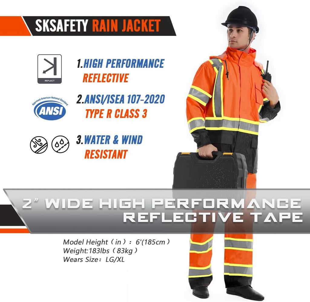 SKSAFETY Hi Vis Safety Rain Jacket for Men, Construction Work Rain Gear Heavy Duty Class 3 Rain Coat Waterproof Lightweight