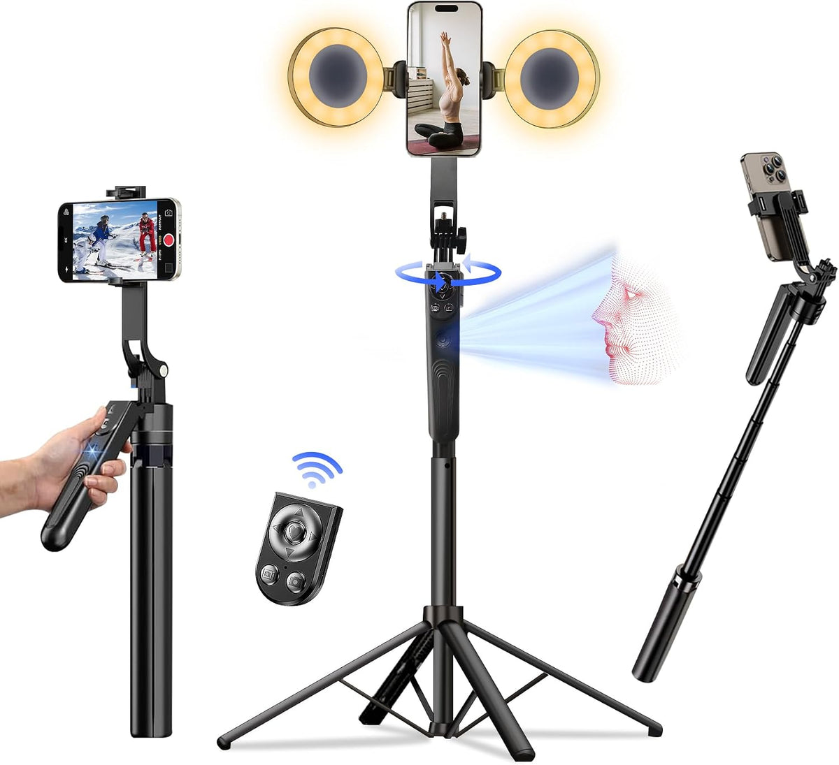 Auto Face Tracking Tripod for iPhone with Light, No APP Needed 70.9" Tripod