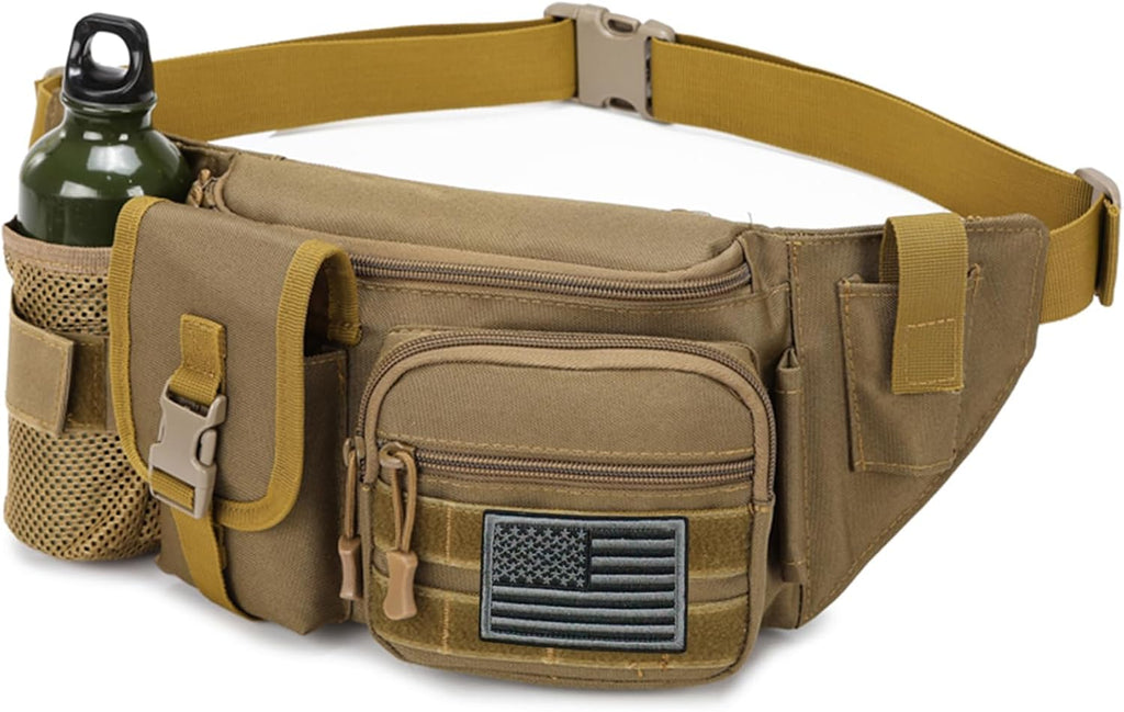 Tactical Fanny Pack For Men, Military Waist Bag Adjustable Hip Belt BumBag EDC Bags for Outdoor Fishing Hiking Hunting with Bottle Holder Pouch and US Flag Patch (Black)