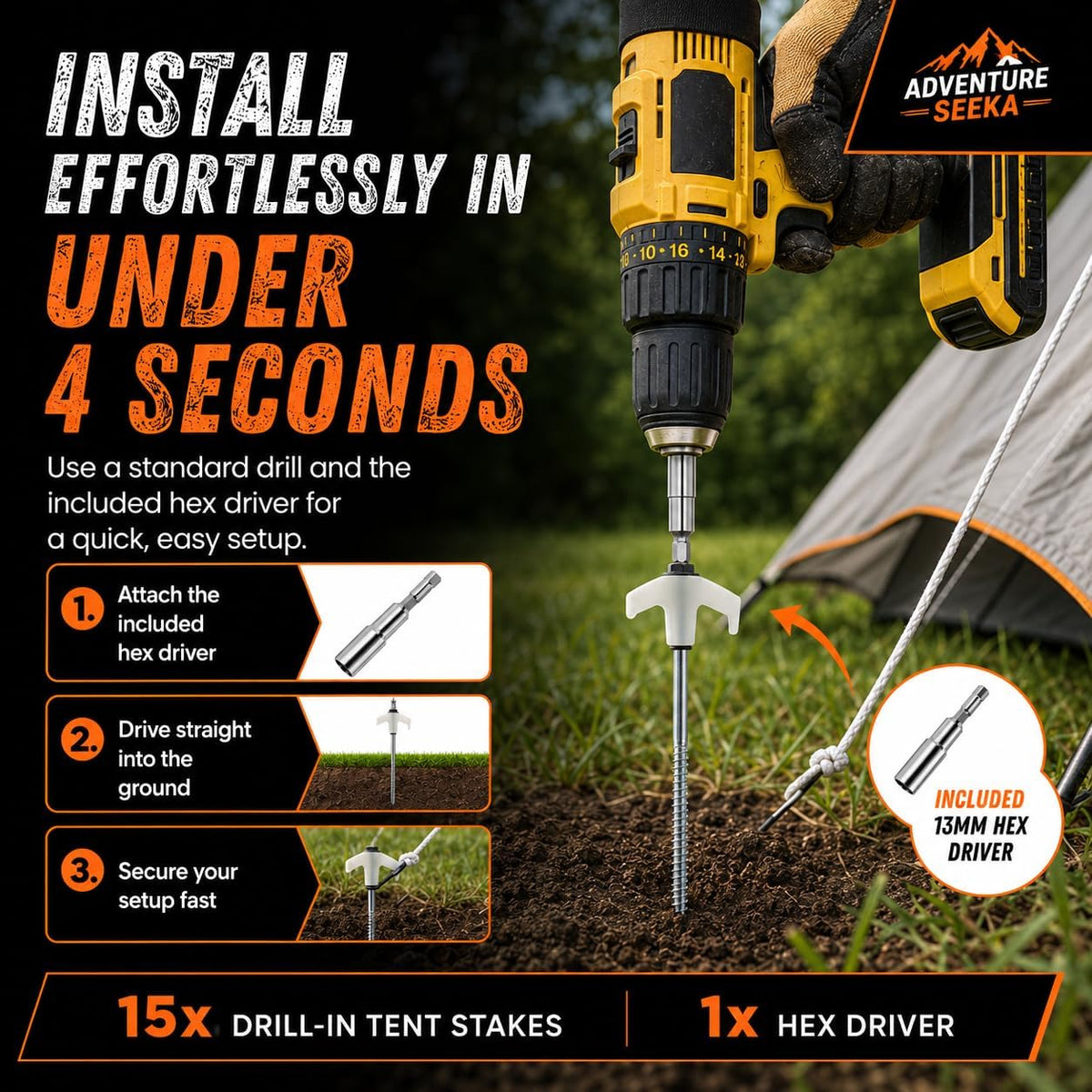 15-Pack 8" Heavy Duty Screw in Tent Stakes, Drill-In Ground Anchor Pegs, Includes Hex Head Driver & Storage Bag