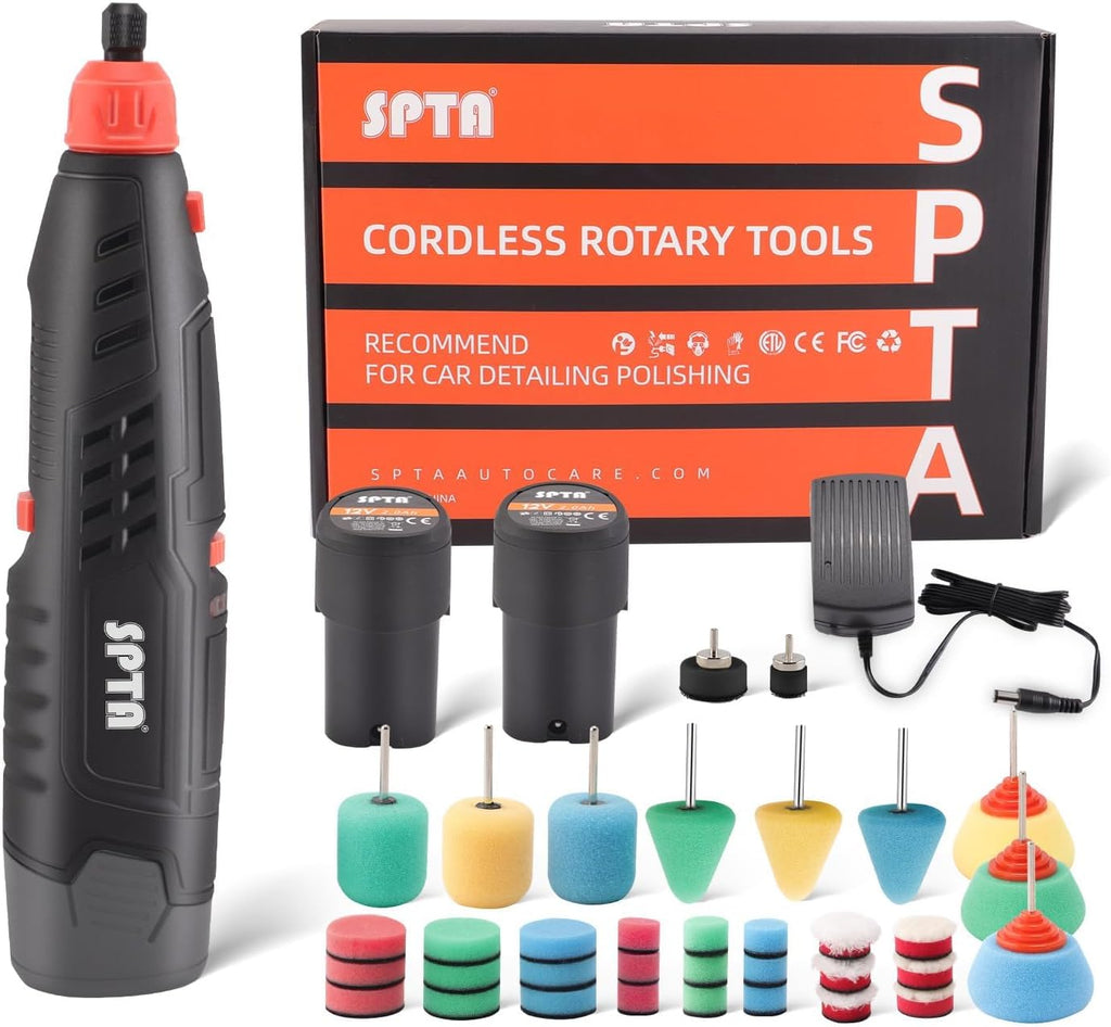 Cordless Rotary Tool, SPTA Powerful Mini Detail Polisher Kit, 36Pcs 12V Li-ion Battery 5,000-25,000 RPM Micro Auto Detailing Car Polisher Polishing Foam Pad Set for Buffing Polishing Sanding Cleaning
