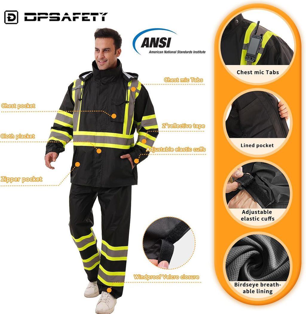 Hi Vis Safety rain Jacket，Reflective Class 3 Rain coat with Inner Mesh Lining and Pockets High Visibility Waterproof work Rain Suits for men&women（Black,LG/XL）