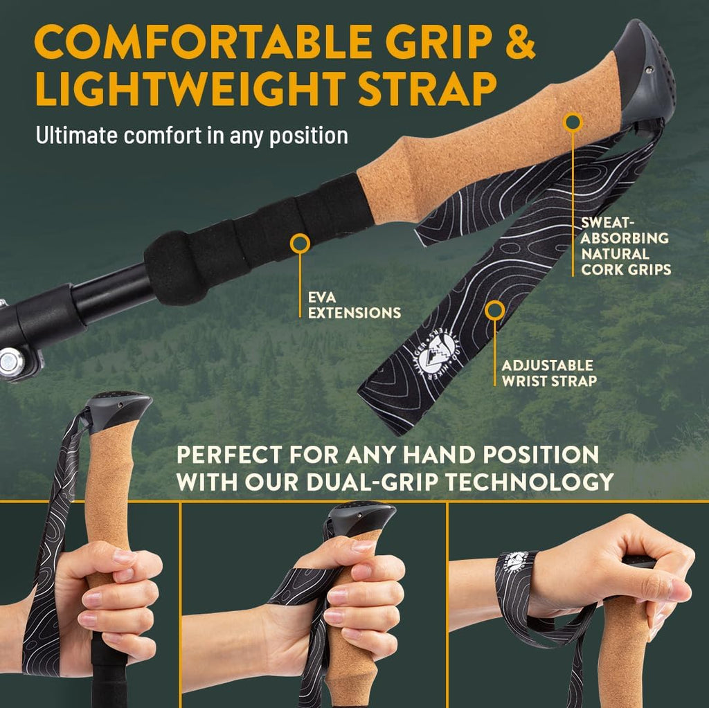 Premium Foldable Hiking Poles by USA Brand - Adjustable, Lightweight Trekking Poles Made of Aircraft Aluminum, Metal Locks Cork EVA Grips