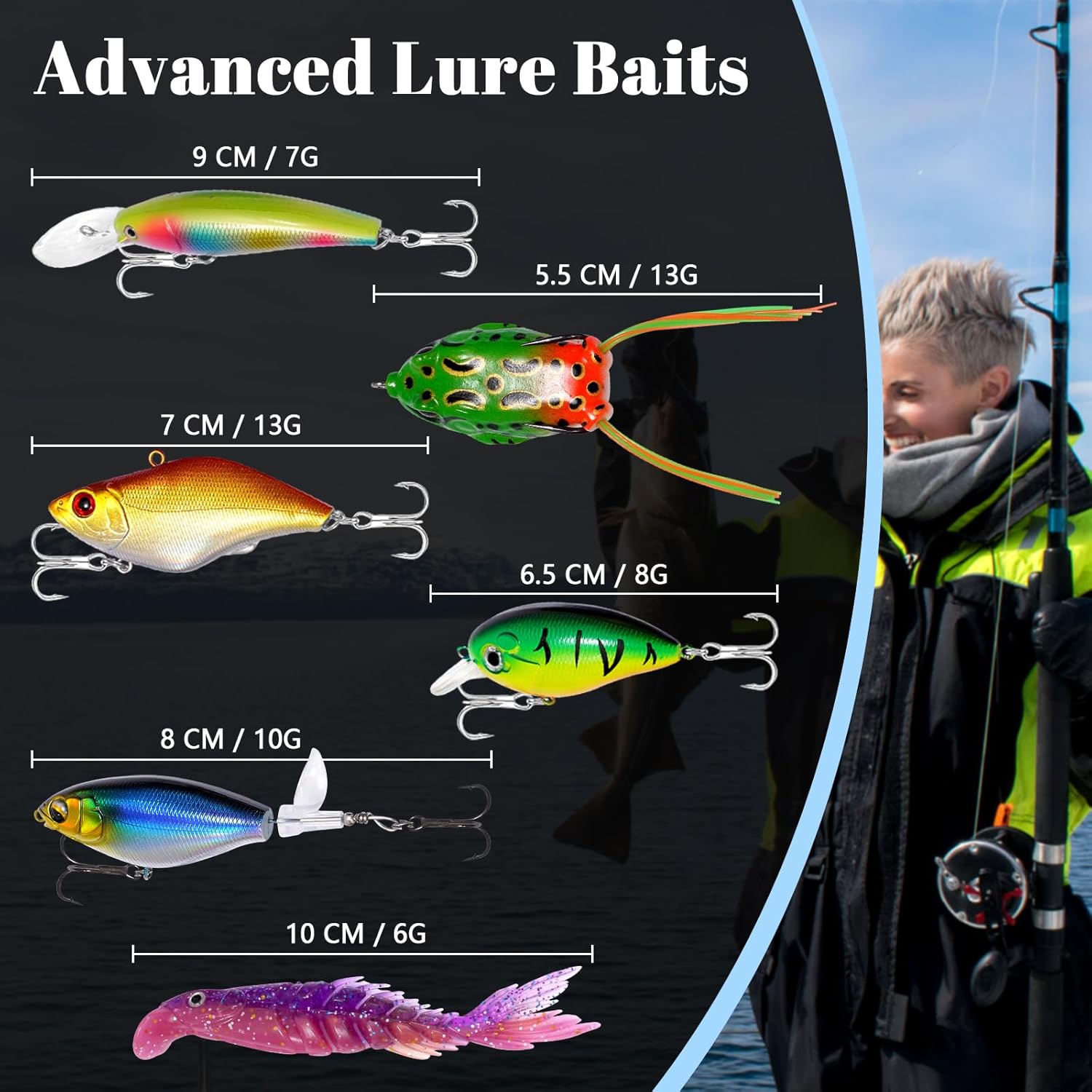 FONMANG Fishing Lures - Tackle Box with Tackle Included, Fishing Kit with VIBs, Frogs, Minnows, Soft Baits, Hooks & Weights Accessories, Freshwater Lure Kit for Bass Walleye Trout