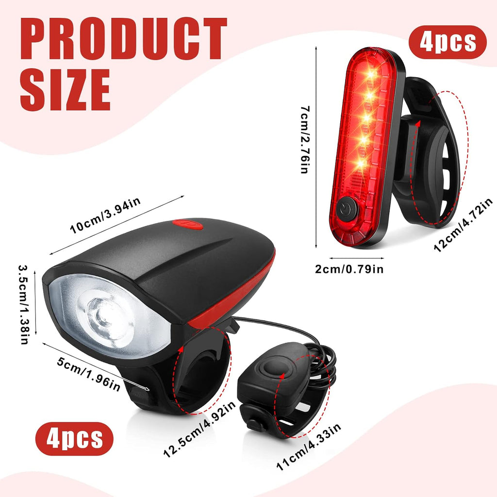 Hanaive 4 Sets Bike Lights for Night Riding with Horn USB Rechargeable LED Bicycle Front 3+4 Modes Headlight Taillight Set Bright Waterproof Accessories for Men Women Road Mountain Bike