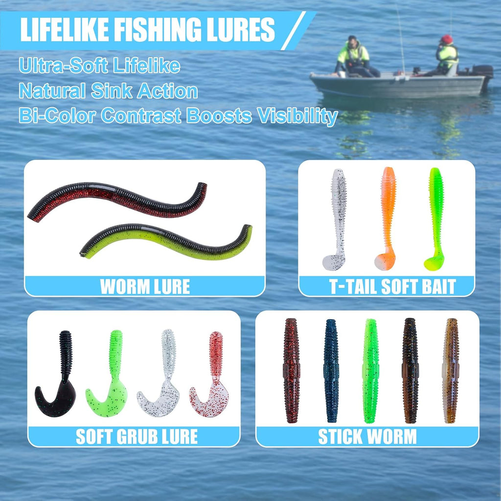 Goture Fishing Lures Kit,164pcs Bass Fishing Kit Including Soft Plastic Baits, Worms, Minnow, Crankbaits, Hooks,Swivels,Sinker Weights,3700 Tackle Box, Freshwater Fishing Gear Lure Set, Gifts of Men