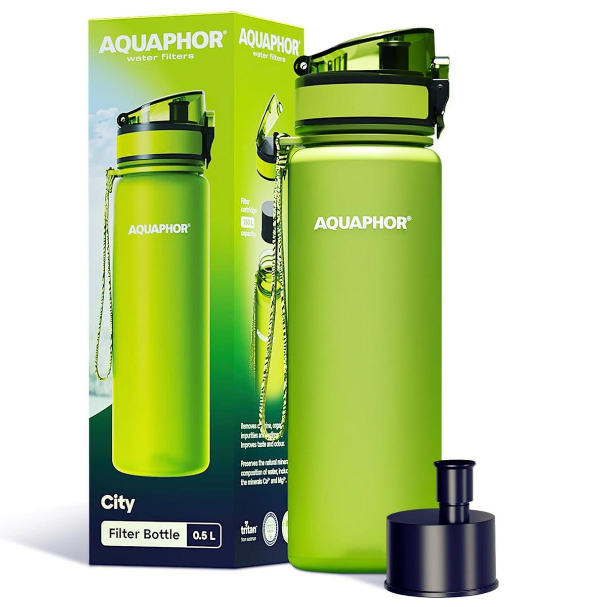 AQUAPHOR City Water Filter Bottle 17 oz | Reusable & Portable Filtered Water Bottle | BPA-Free | Perfect for Camping, Travel, Indoor & Outdoor Use | Green