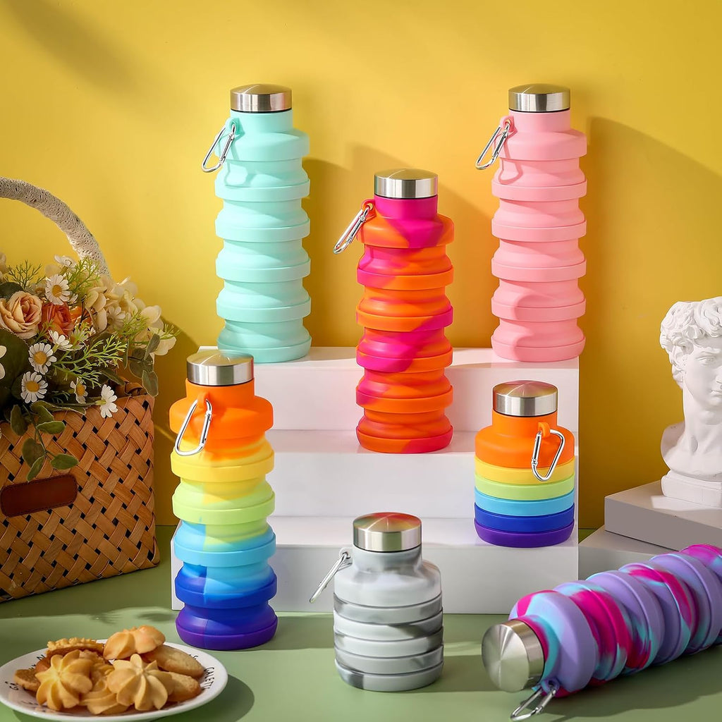 Sunnyray 20 Pack Collapsible Water Bottles Bulk Foldable Water Bottles 17oz Silicone Portable Leak Proof Reusable Sports with Clip for Travel Hiking Camping Outdoor (Tie-dye)