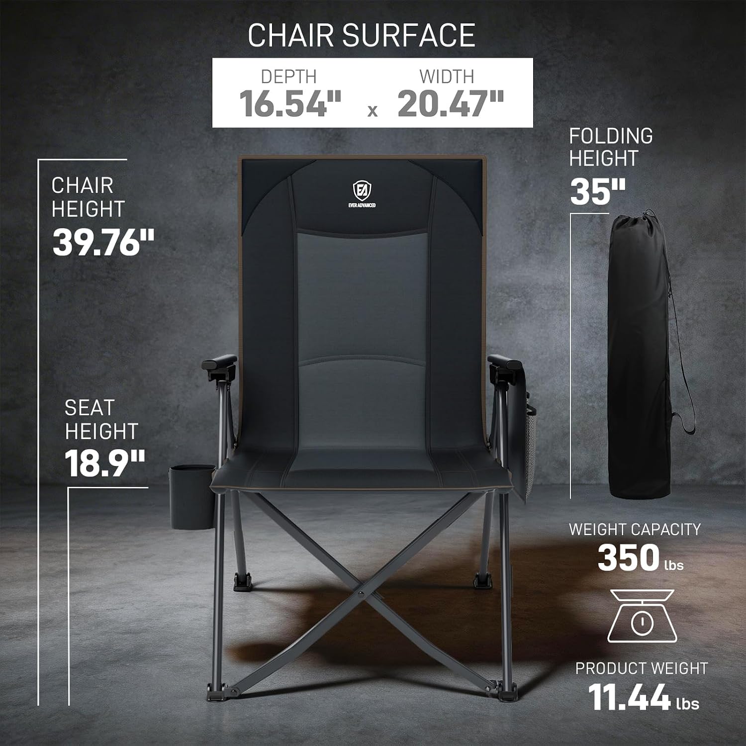 EVER ADVANCED Reclining Camping Chairs for Adult Supports 350lbs Black