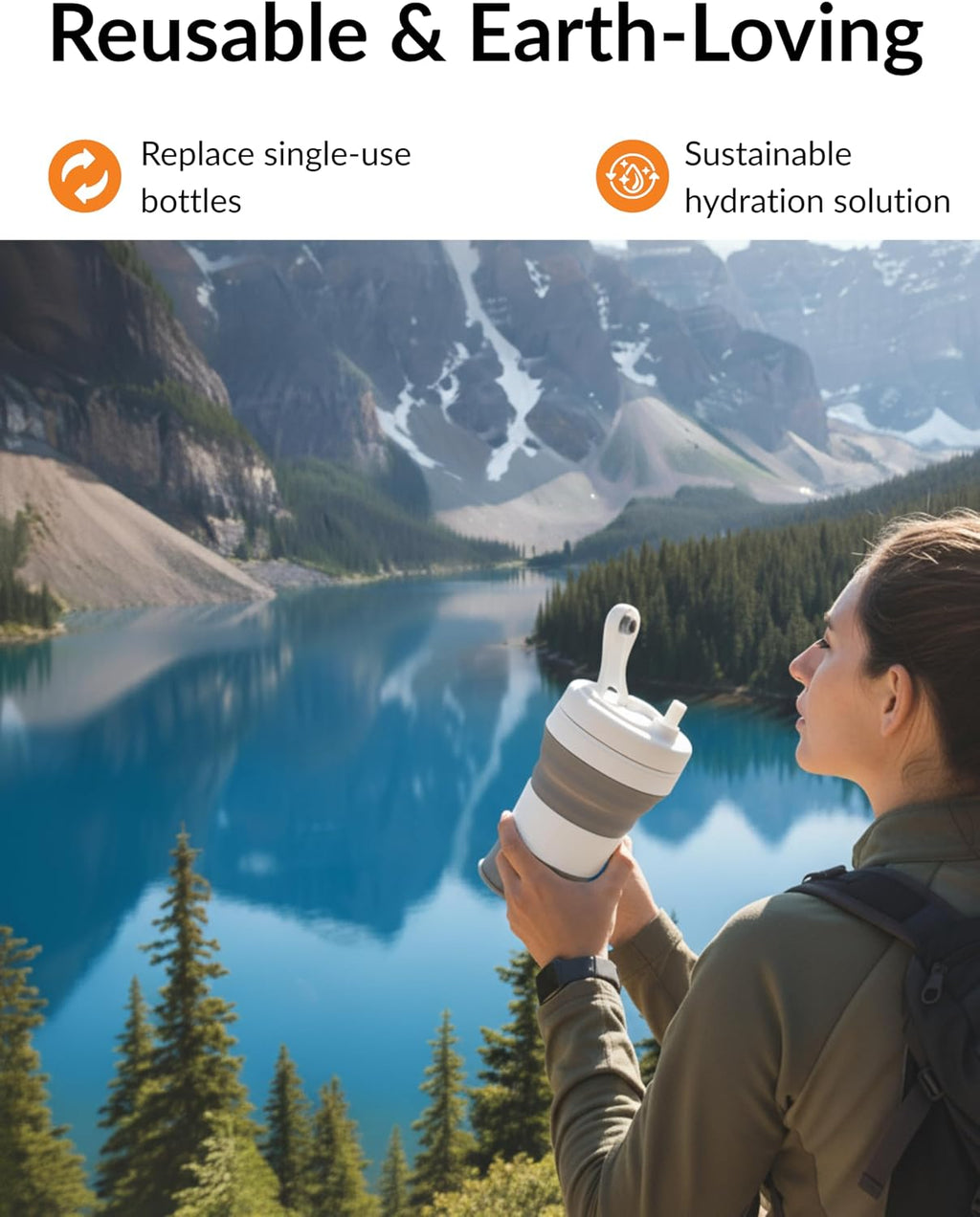 Collapsible Silicone Water Bottle 20oz, Leakproof BPA-Free Foldable Travel Cup with Carabiner Clip and Reusable Straw, Portable Reusable Bottle for Hiking, Camping, Gym, Outdoor