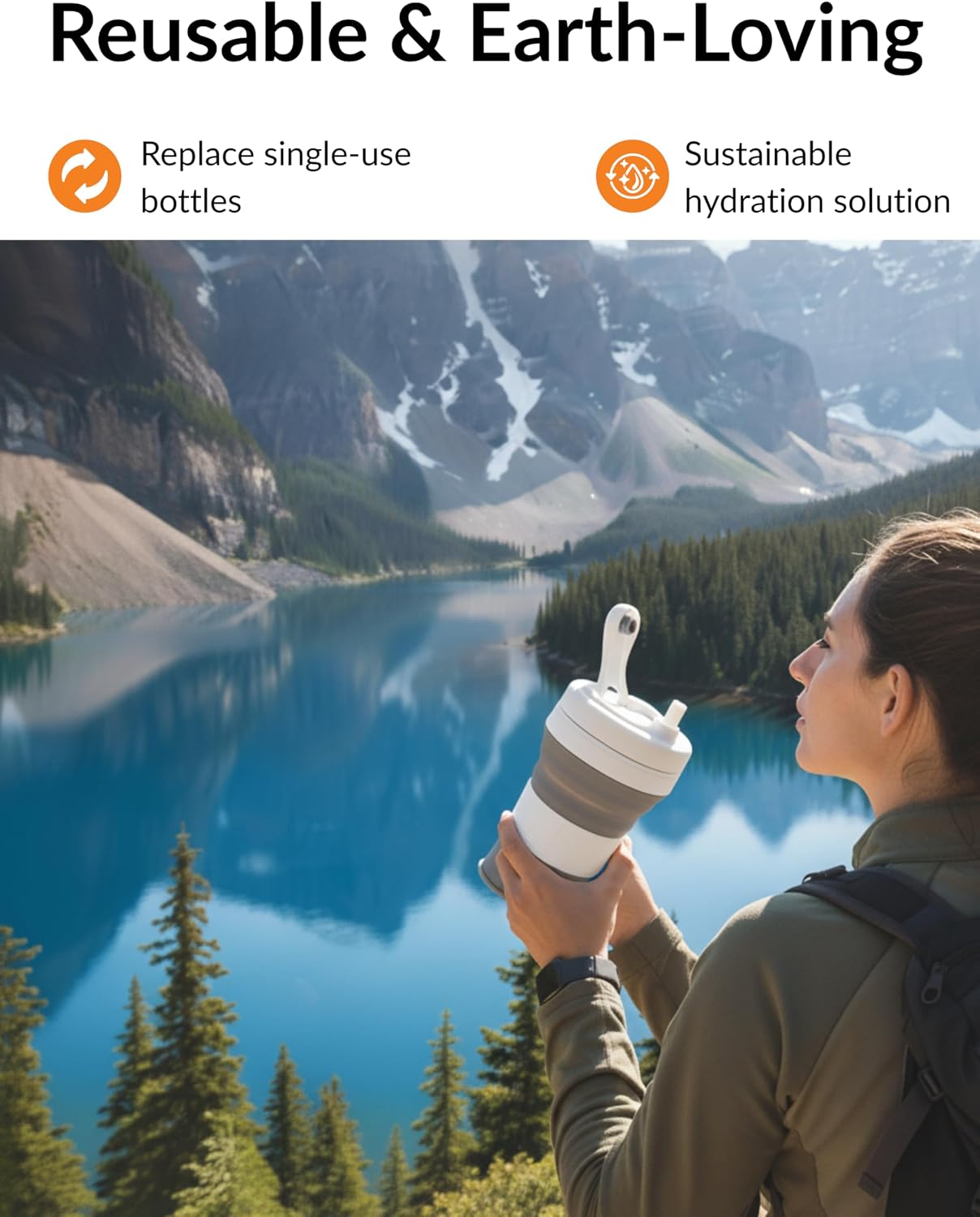 Collapsible Silicone Water Bottle 20oz, Leakproof BPA-Free Foldable Travel Cup with Carabiner Clip and Reusable Straw, Portable Reusable Bottle for Hiking, Camping, Gym, Outdoor