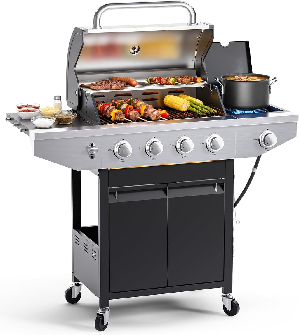 EUHOME 4-Burner Propane Gas BBQ Grill with Side Burner, 46,500 BTU Output Stainless Steel Barbecue Grill with Enameled Cast Iron Grates and Side Tables for Outdoor Cooking Kitchen and Patio Backyard