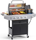 EUHOME 4-Burner Propane Gas BBQ Grill with Side Burner, 46,500 BTU Output Stainless Steel Barbecue Grill with Enameled Cast Iron Grates and Side Tables for Outdoor Cooking Kitchen and Patio Backyard