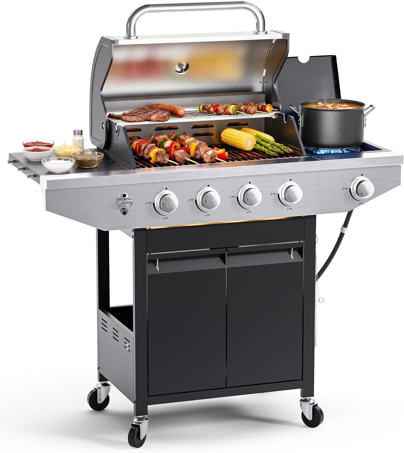 EUHOME 4-Burner Propane Gas BBQ Grill with Side Burner, 46,500 BTU Output Stainless Steel Barbecue Grill with Enameled Cast Iron Grates and Side Tables for Outdoor Cooking Kitchen and Patio Backyard