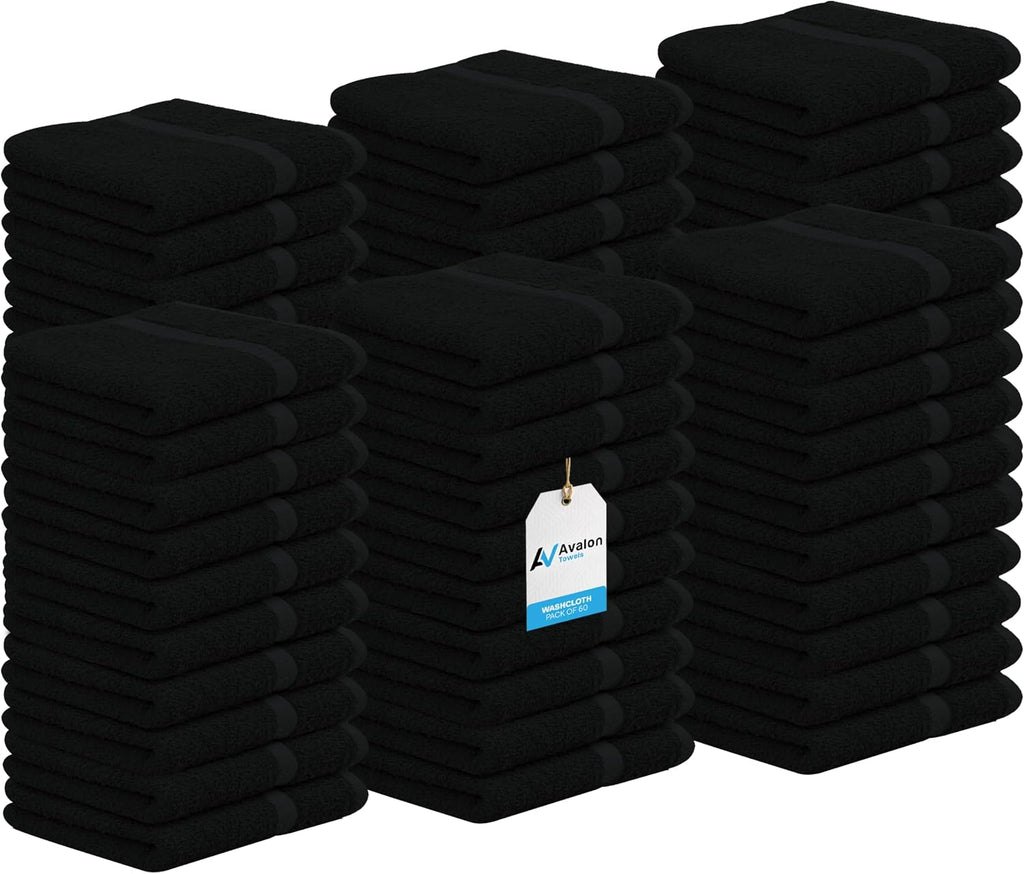 Avalon Towels Cotton Washcloths – (Pack of 60) Size 12x12 Inches, 100% Ring Spun Cotton, Soft & Absorbent Face Towels, Gym Towels, Hotel and Spa Quality, Reusable Fingertip Towels (Black)