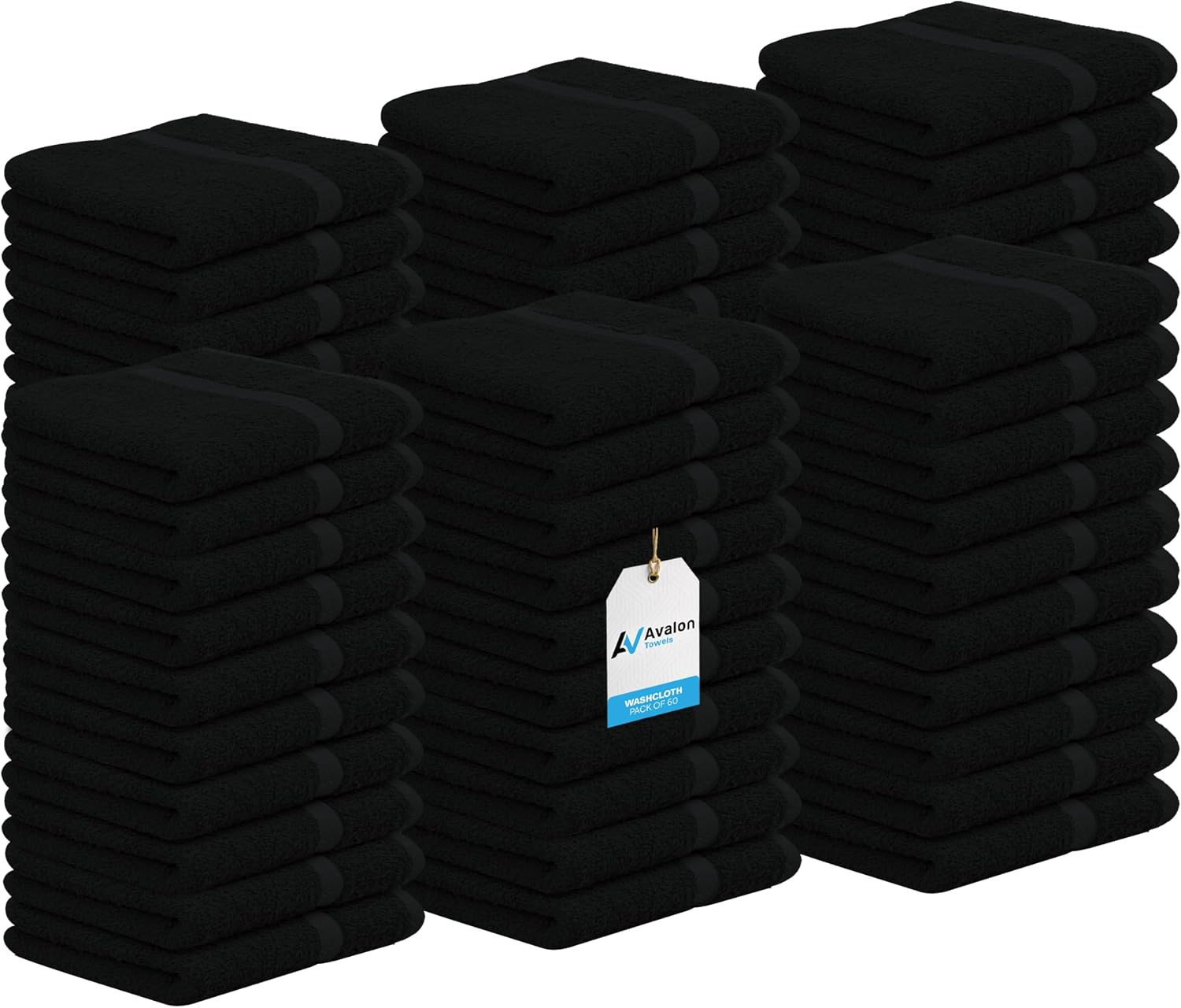 Avalon Towels Cotton Washcloths – (Pack of 60) Size 12x12 Inches, 100% Ring Spun Cotton, Soft & Absorbent Face Towels, Gym Towels, Hotel and Spa Quality, Reusable Fingertip Towels (Black)