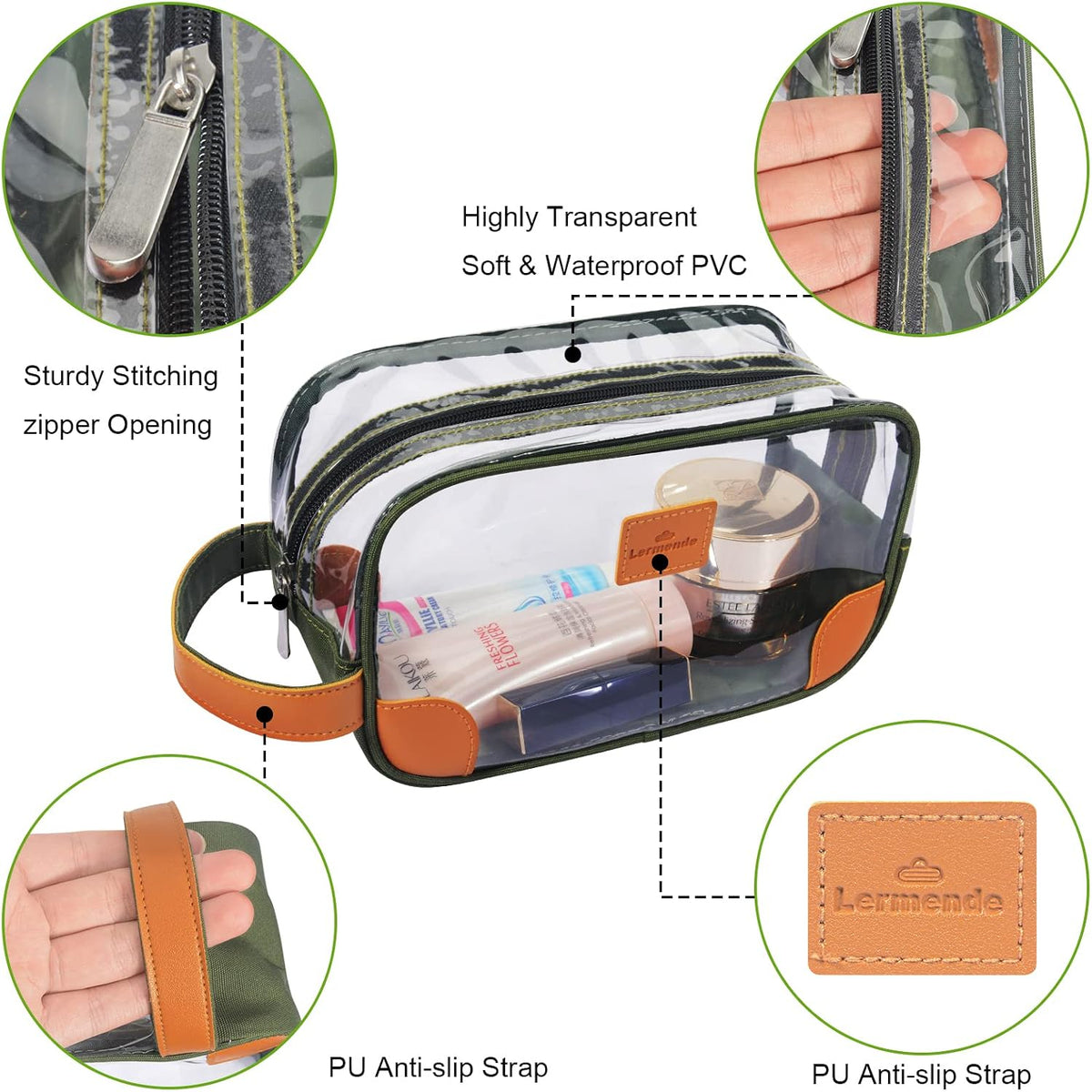 Lermende Toiletry Bag, Clear Shaving Dopp Kit for Men Travel Toiletry Bag with Hand Strap Unisex Bathroom Toiletries Organiser-Green