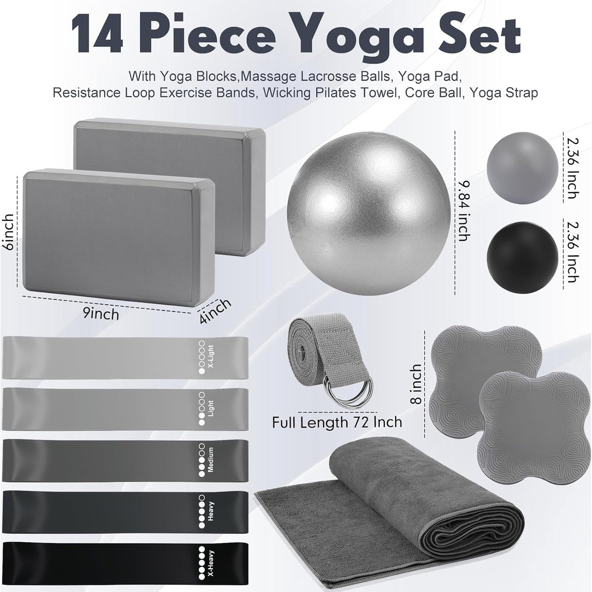 Simgoing 14 Pcs Yoga Kits for Home Workouts Pilates Equipment Set for Women Beginners, Hot Yoga Towel Blocks Strap, Knee Pad, Resistance Loop Exercise Band, Massage Lacrosse Ball, Pilates Ball