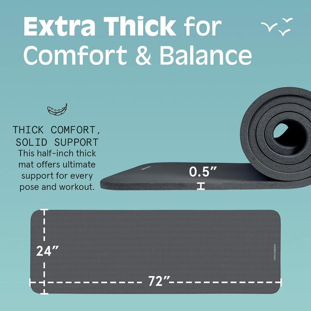 Retrospec Solana Yoga Mat Thick 1/2in Non-Slip Workout Mat with Nylon Strap - 72x24in Exercise Mat for Pilates, Stretching & Fitness - BPA Free, Easy Clean