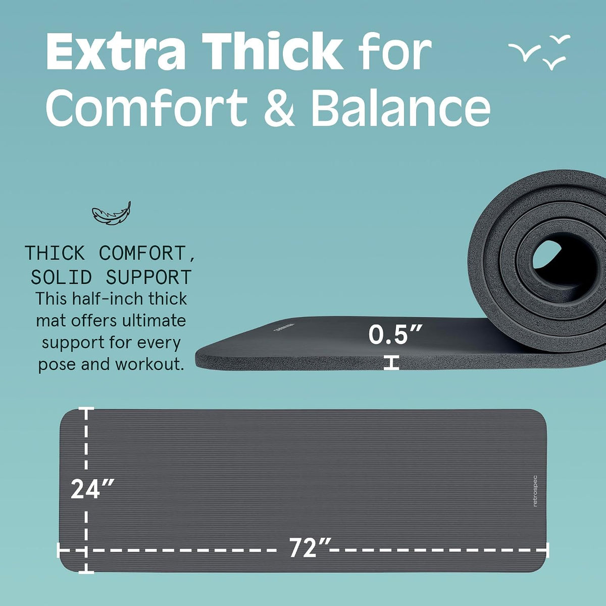 Retrospec Solana Yoga Mat Thick 1/2in Non-Slip Workout Mat with Nylon Strap - 72x24in Exercise Mat for Pilates, Stretching & Fitness - BPA Free, Easy Clean