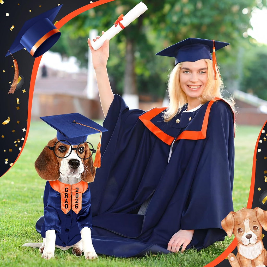 Huhumy 5 Pcs Dog Graduation Costume Set Include 2026 Pet Graduation Gown with Stole Puppy Grad Cap Lensless Glasses DIY Letter Stickers for Dogs Cats Holiday Costume Accessory(Blue Orange,S)