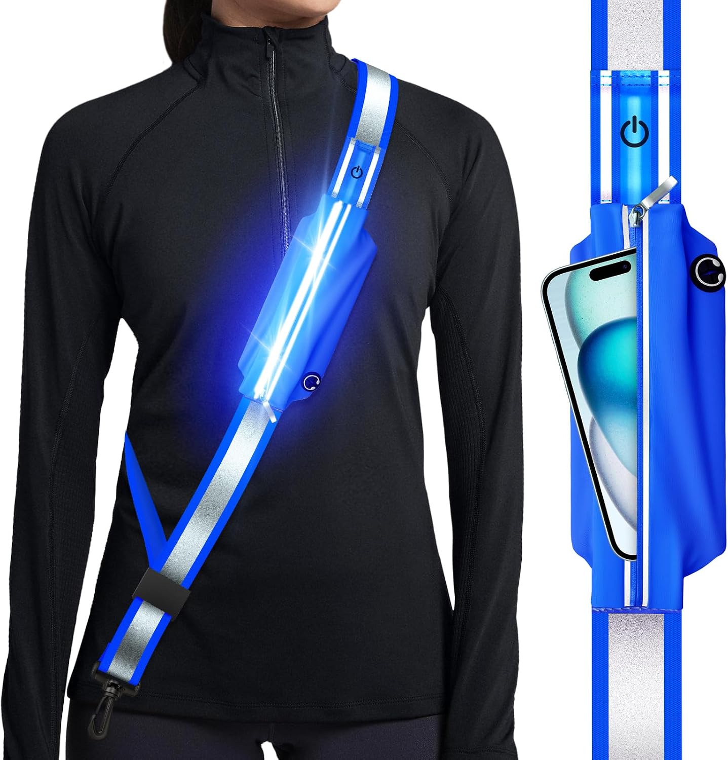 Ylzzrs Reflective Sash Gear for Walking at Night,LED Reflective Belt Safety Lights,Lights for Night Dog Walking,High Visibility Type-C Rechargeable with Phone Holder for Men Women