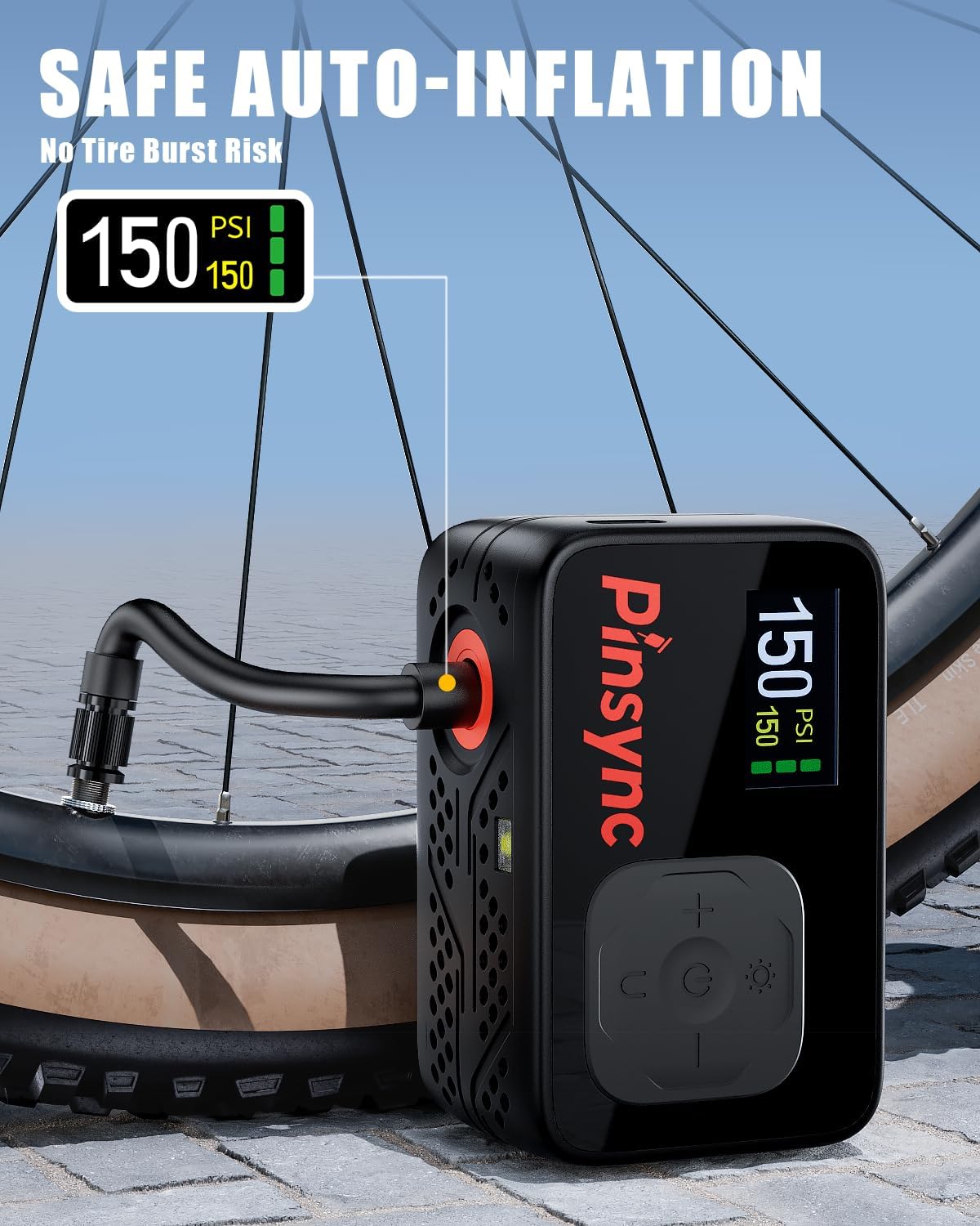 Mini Electric Bike Pump, 150PSI 17S Inflate, Auto Stop