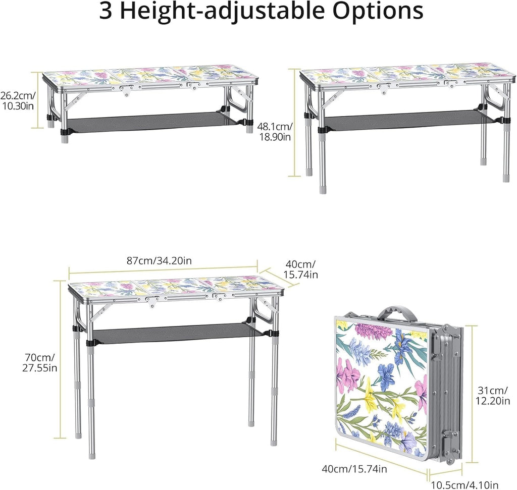 Anbte 3ft Folding Camping Table, 3 Adjustable Height Max 27.5",Floral Bloom