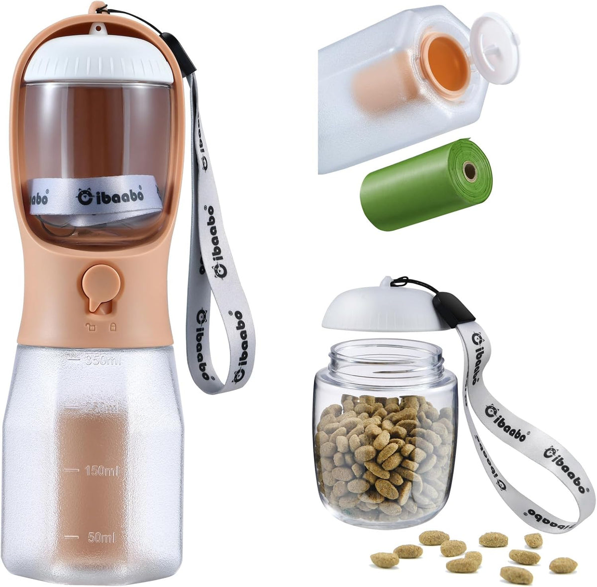 Cibaabo Dog Water Bottle with Food Container & Poop Bag Holder & Filter