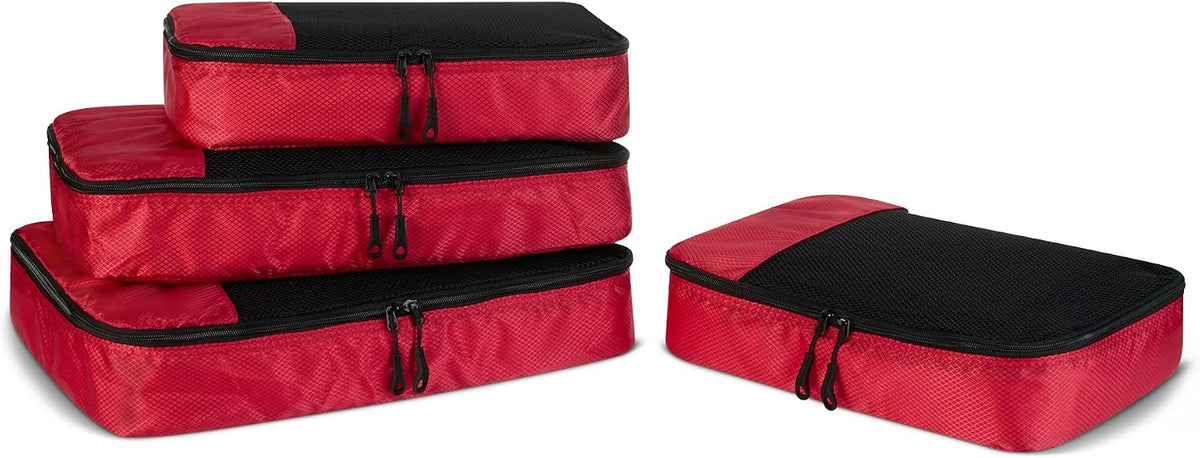 Amazon Essentials 4-Piece Space-Saving Packing Cubes Travel Accessories Set, Luggage Organizer with Double Zipper, Mesh Top, Small, Red (Previously Amazon Basics)