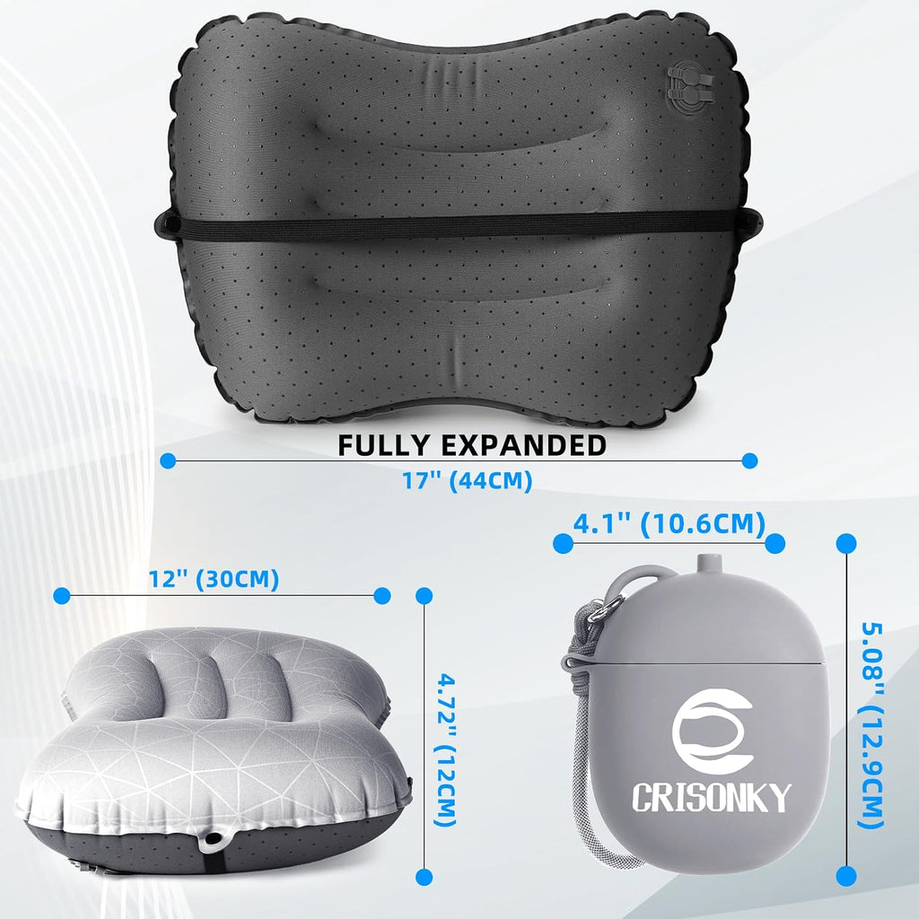 Crisonky Camping Pillow, Inflatable Pillow with 2-in-1 Air Pump Storage Bag
