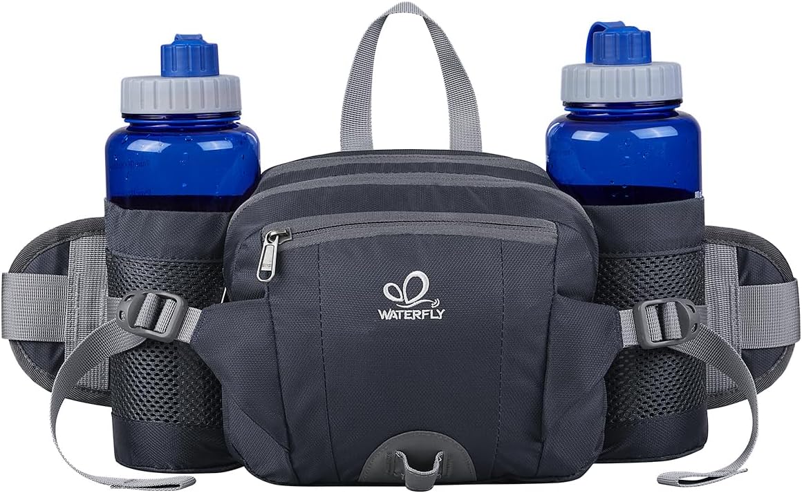 WATERFLY Fanny Pack Waist Bag: Fannie Pack 2 Water Bottle Holders Lumbar Belt Hiking Walking Running Jogging Camping Large Woman Man (Bottle Not Included)