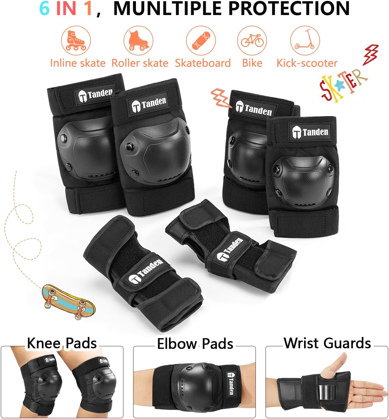 Tanden Skate Protective Gear Adult Knee Pads and Elbow Pads Set Wrist Guard