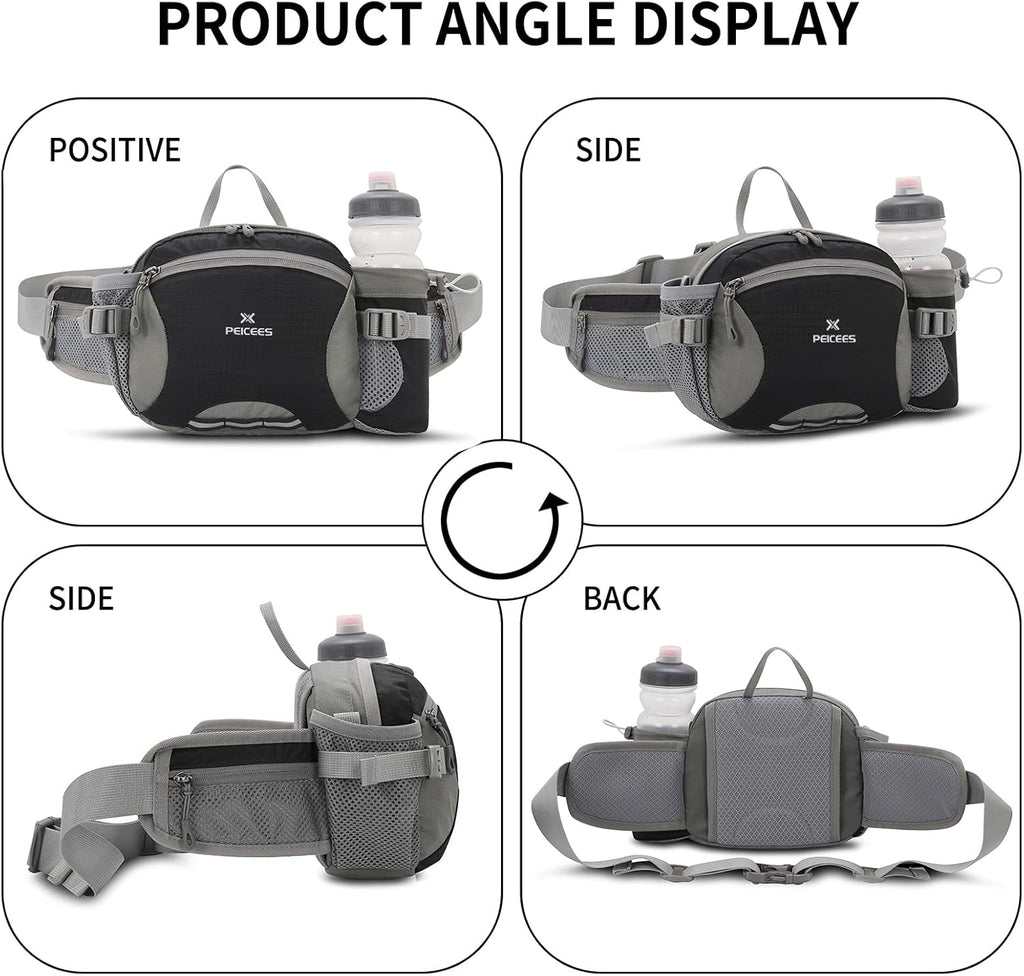 Peicees Hiking Fanny Pack Large Waist Bag for Men Women with Bottle Holder Water Resistant Lumbar Pack for Hiking Camping Fishing Outdoor (Bottle Not Included)