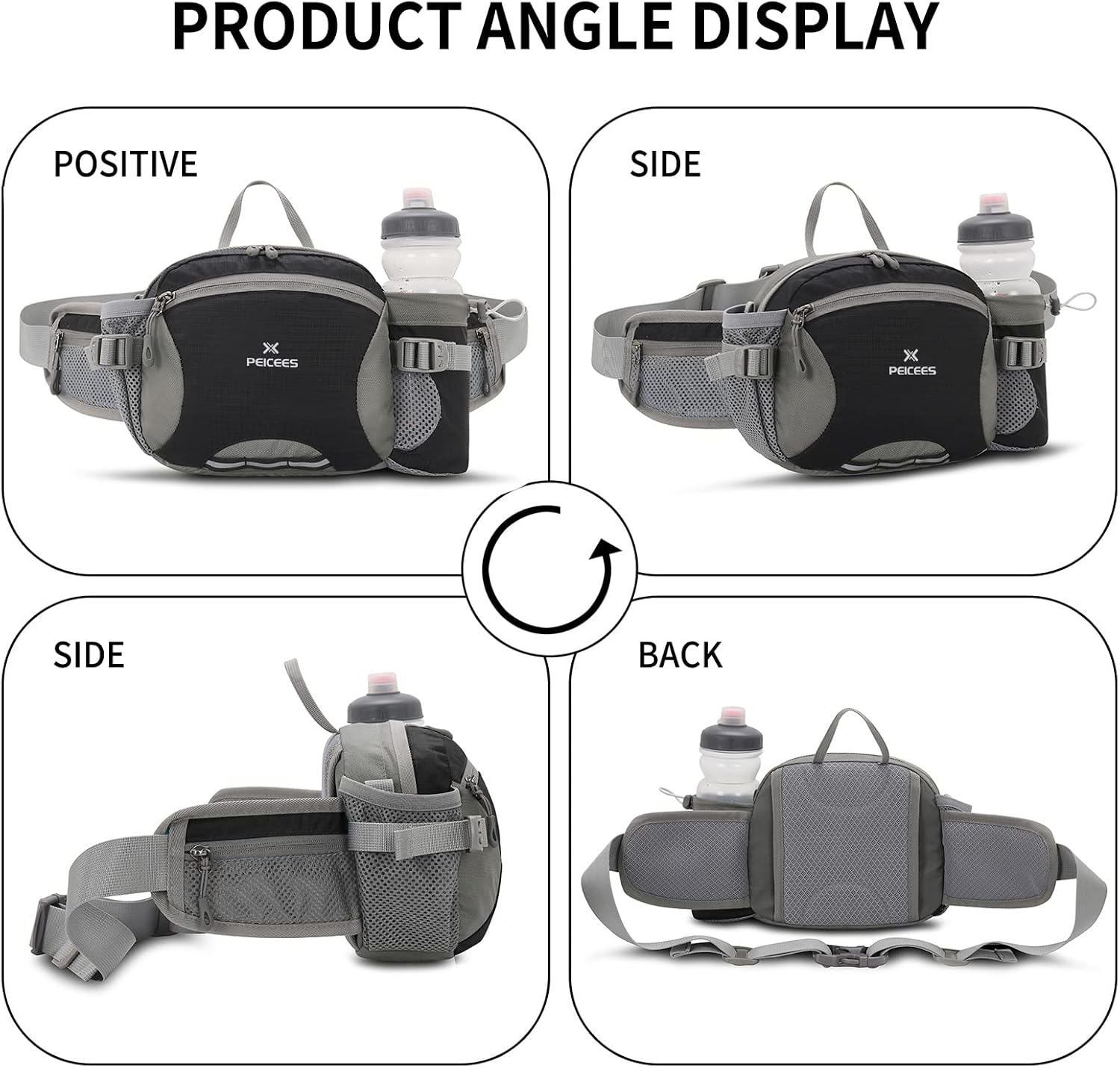 Peicees Hiking Fanny Pack Large Waist Bag for Men Women with Bottle Holder Water Resistant Lumbar Pack for Hiking Camping Fishing Outdoor (Bottle Not Included)