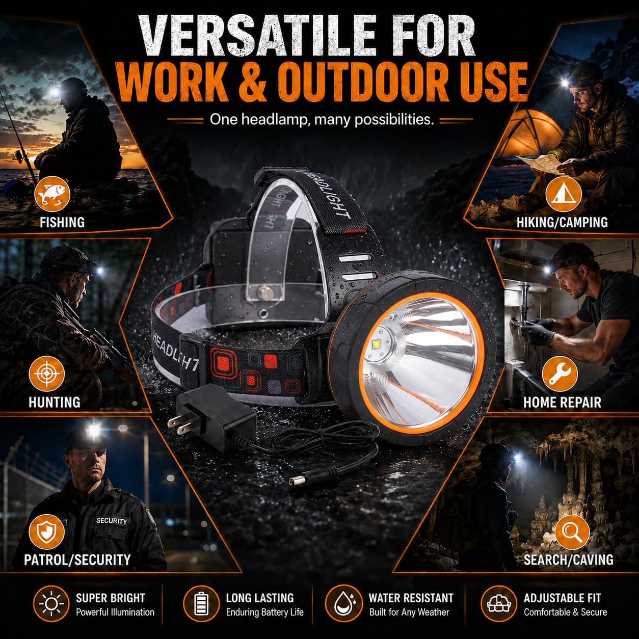 Super Bright Rechargeable Coon Hunting Headlamp, LED Spotlight Head Torch with Power Supply, Waterproof Headlight Flashlight for Outdoor Hunting, Fishing, Hiking, Camping, Night Work