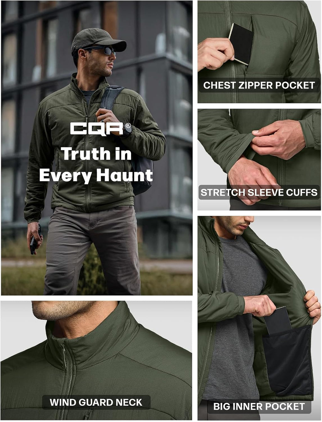 CQR Men's Lightweight Warm Insulated Jacket, Windproof Water Resistant Winter Active Coat for Hiking Work Outdoor Tactical