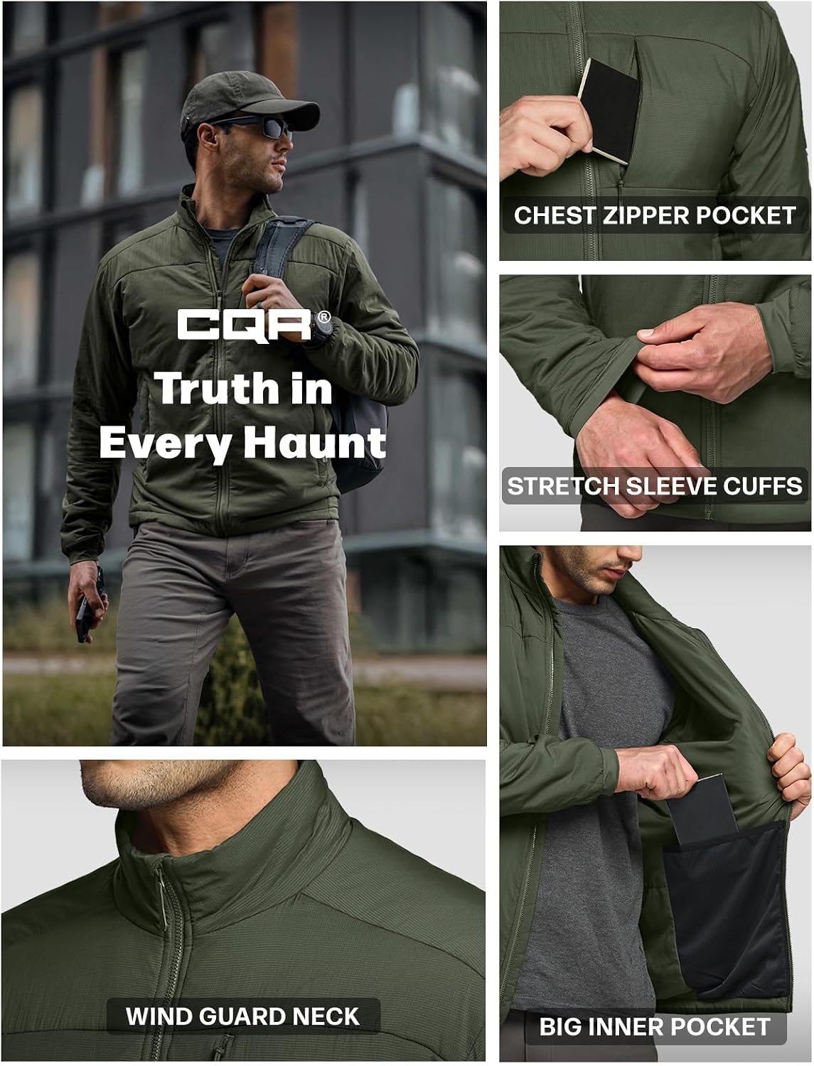 CQR Men's Lightweight Warm Insulated Jacket, Windproof Water Resistant Winter Active Coat for Hiking Work Outdoor Tactical
