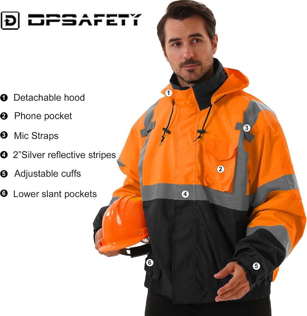 3 in 1 Safety jacket,Reflective high Visibility Hooded jacket,Hi Vis Bomber Jacket shell and fleece lining,Waterproof,ANSI Class 3 Black Bottom Orange,2XL