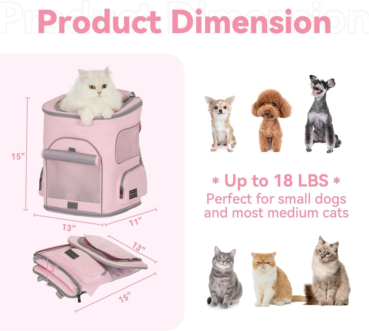 PETSFIT Pet Carrier Backpack with Upgraded Waist Protection, Cat Carrier Backpack Designed for Small Dogs/Cats, Fully Ventilated Collapsible Dog Backpack for Outdoor Traveling Hiking Camping, Pink