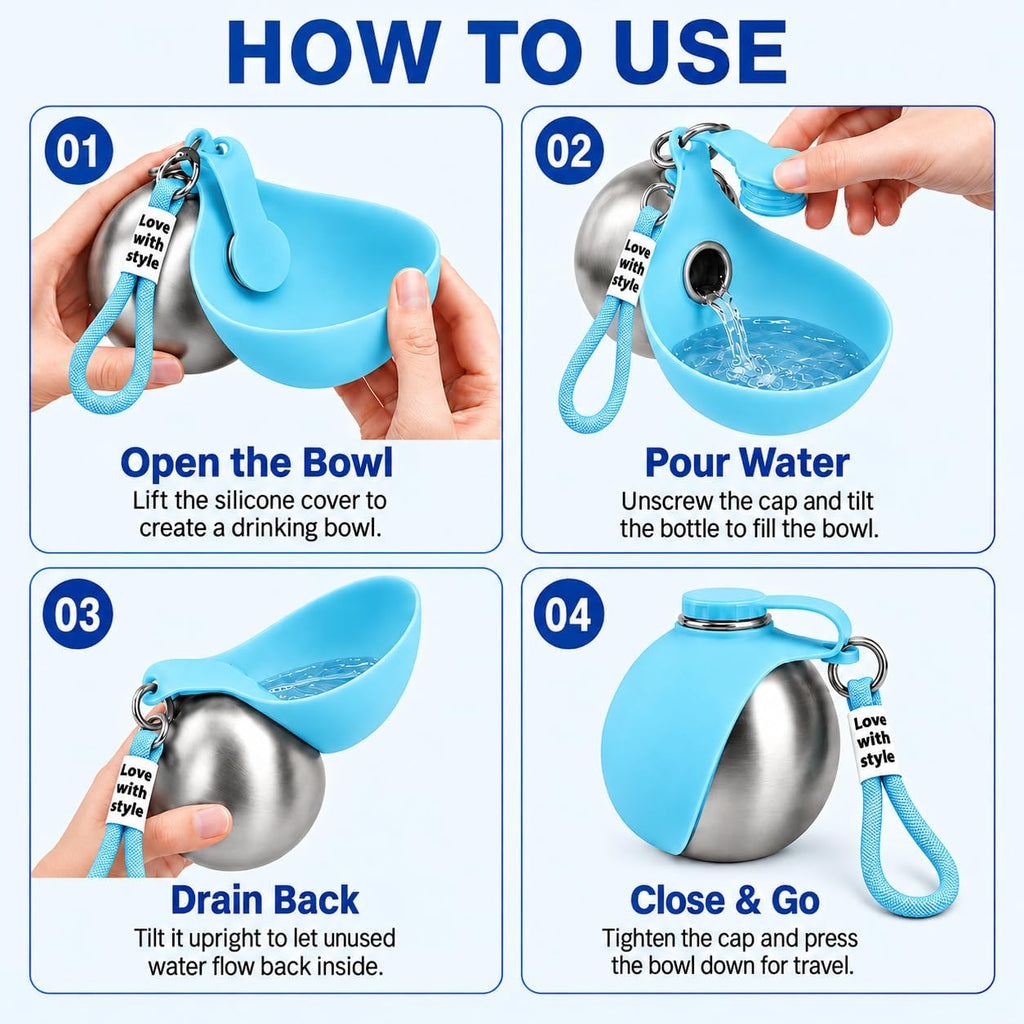 Portable Dog Water Bottle with Bowl, 10oz Stainless Steel, Leakproof