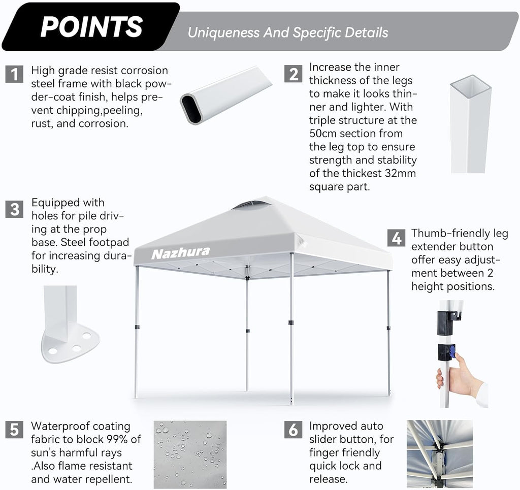 Nazhura 10' x 10' Pop Up Canopy Tent with Sand Weight Bag, Freestanding Sun Shelter for Picnic and Camping, One Person Setup and Height Adjustable (White)
