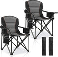 2 Pack Padded Oversized Camping Chairs for Adults,Heavy Duty Support 400 Lbs,Folding Portable Lawn Chair w/Cup Holder,Cooler Bag,Side Pocket,Perfect for Outdoor Picnic,Hiking(Black)